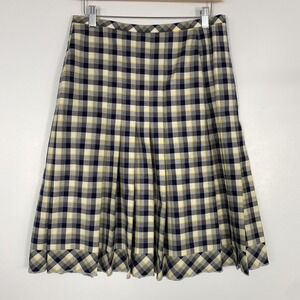 Oscar De La Renta Skirt Womens 10 Blue Yellow Plaid Wool Silk Pleated Midi Italy